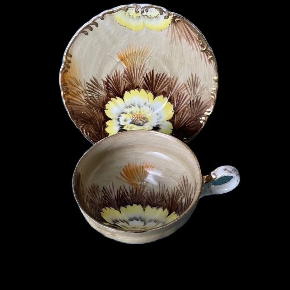 Saji Wild Cactus Yellow Flower Brown Tea Cup Saucer Made in Japan Hand Painted